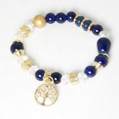 P131389 Blue Mix Crystals Gold Beads Tree Symbol Bracelet