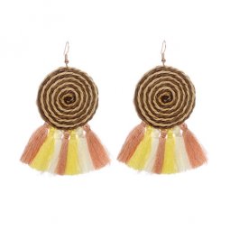 A-HY-E042(wooden)yellow Twirling Circle Mix Tassel Yellow Earrin