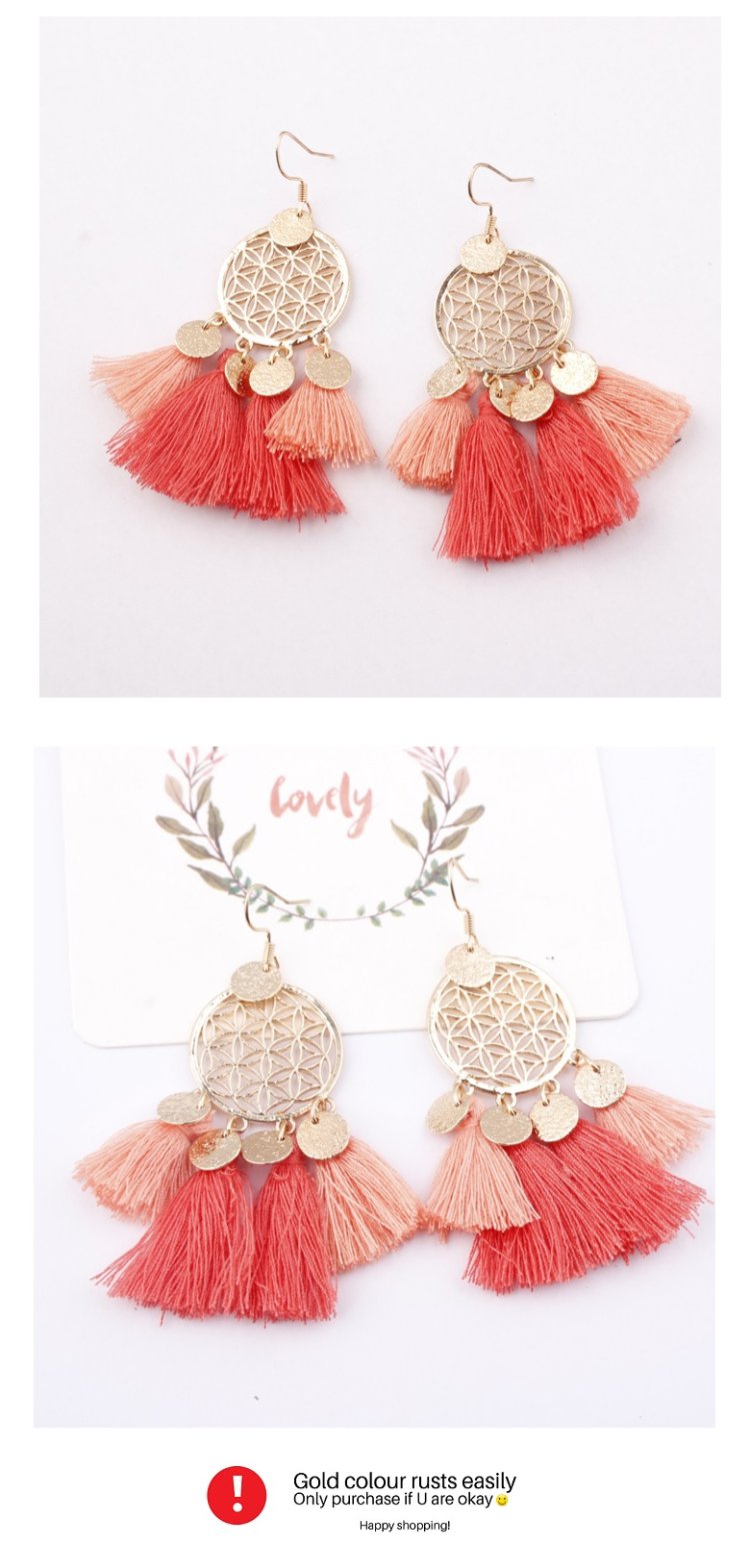 A-SD-EH116402 Orange Pink Elegant Tassel Hook Earrings