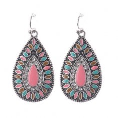 A-DW-HQE354-1 Pink Oval Funky Colorful Diamonds Hook Earrings