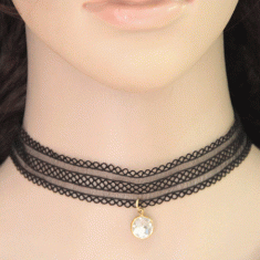 C09120338 Black lace tattoo choker with crystals bead