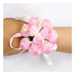 A-GF-pink2 Soft Pink Roses Flower Bracelet Pearl Studded Ribbons