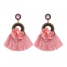A-FF-E3182dusty Dusty Pink Tassel & Fabric Flowers Gem Earrings
