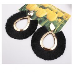 A-SD-EH077black Black Spread Tassel With Gold Oval Ring Earstuds