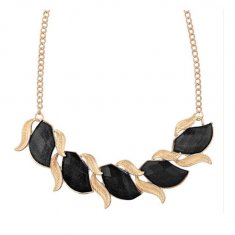 A-H2-100X365 Leafy Golden Floral Black Crystal Beads Necklace