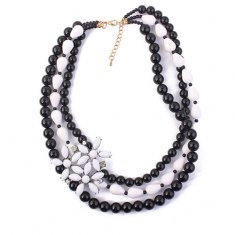 P130226 Triple Layer Black & White Spring Flower Beads Necklace
