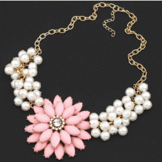 A-X-SC695147 Pink Flower White Pearl Statement Necklace Rantai