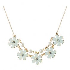 A-HY-N168 White Flowers Blue Crystals With Pearl Beads Necklaces
