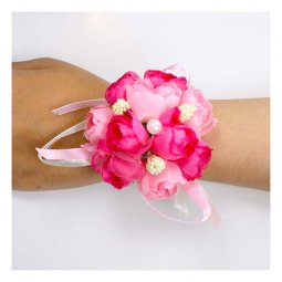 A-GF-pink Hot Pink Roses Flower Bracelets Pearl Studded Ribbon