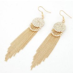 C09013162 Gold dangling chain shiny crystals round hook earrings