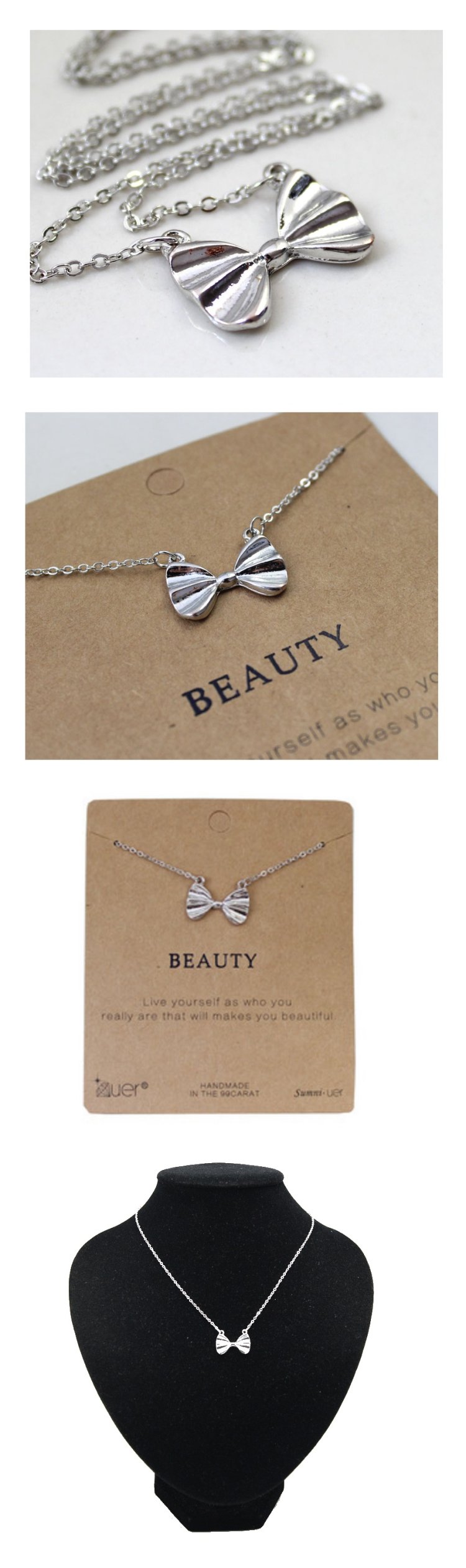 B-K-MB Beauty silver ribbon bow korean short necklace malaysia