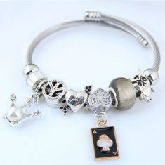 C100922177 Black Poker Card Silver Charm With Pearl Bracelet