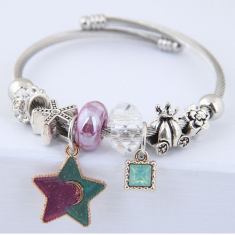 C0150706155 Purple Green Star Galaxy Charm Silver Bracelet