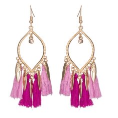 A-KJ-E020464 Pink Purple Oval Dangling Leaves Tassel Earrings