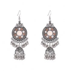 P134386 Beige Artsy Carved Silver Dome & Beads Hook Earrings
