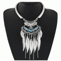 C11010384 Antique silver leaves bohemian bead choker necklace