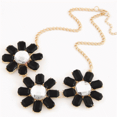 C08110183 Black flower shiny crystal bead statement necklace