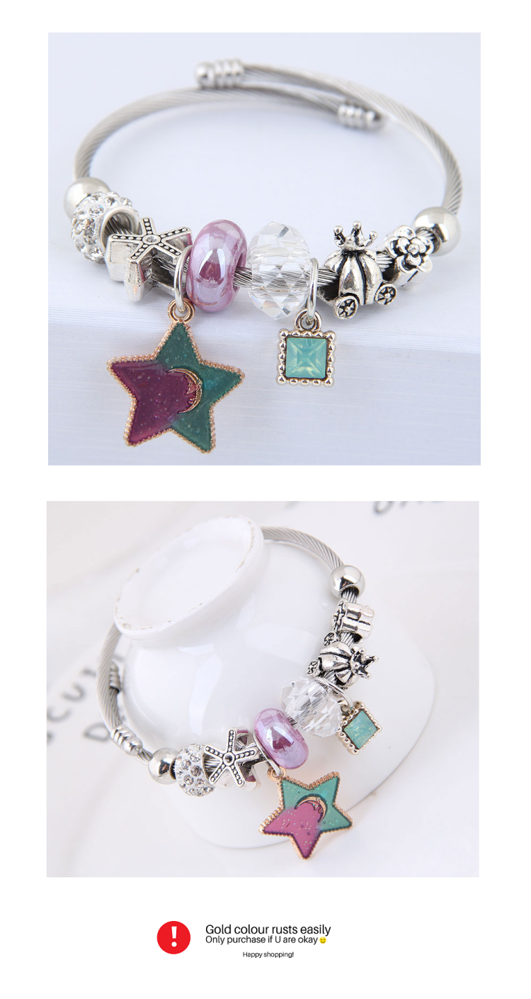 C0150706155 Purple Green Star Galaxy Charm Silver Bracelet