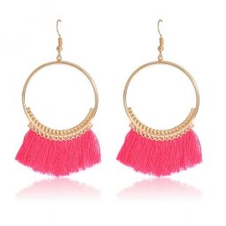 A-ZB-EH661 Bright Pink Tassel Gold Hoop Funky Hook Earrings