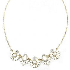 B-FFOM-N5- Gold Pearl Diamond Flower White Statement Necklace