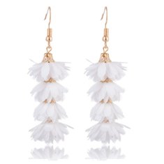 A-KJ-E020661 White Flowery Spring Dangling Tassel Hook Earrings