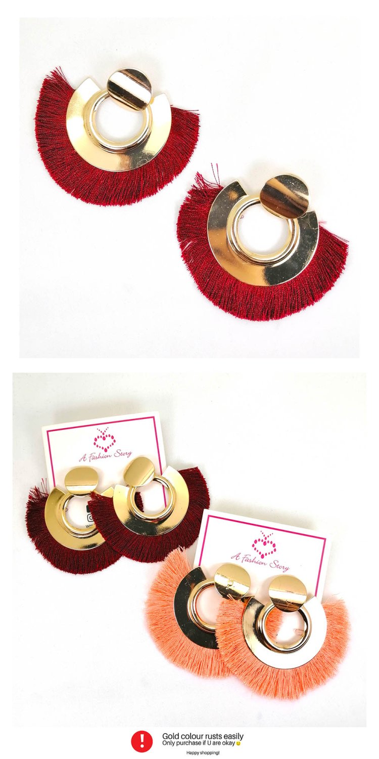 A-SD-XL0121maroon Maroon Tassel Dark Red Wide Gold Earrings
