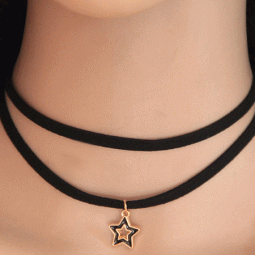C110415140 Black star charm tattoo choker 2 layers necklace