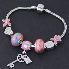 C101127278 Pink Beads Flora Clover Silver Charm Bracelet