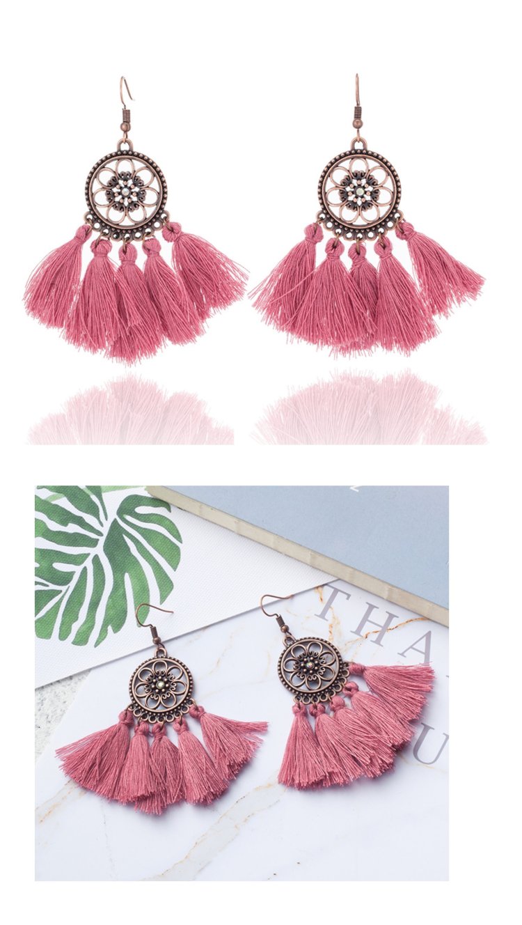 A-KJ-E020966p Dark Pink Bollywood Flower Tassel Hook Earrings