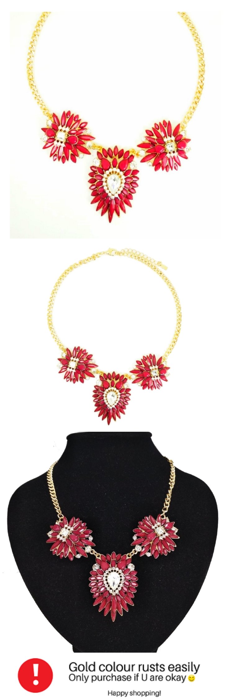 a-un-002 Hot Red Gems With Crystals Gold Statement Necklaces