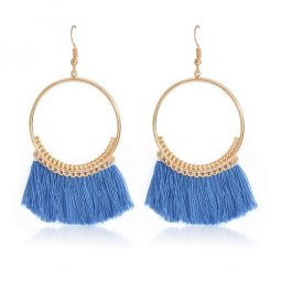 A-ZB-EH659 Bright Blue Tassel Gold Hoop Funky Hook Earrings