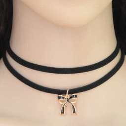 C0150728227 Ribbon charm 2 layers tattoo choker necklace