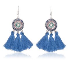 A-KJ-E020182B Blue Bohemian Flower Crystal Tassel Earrings