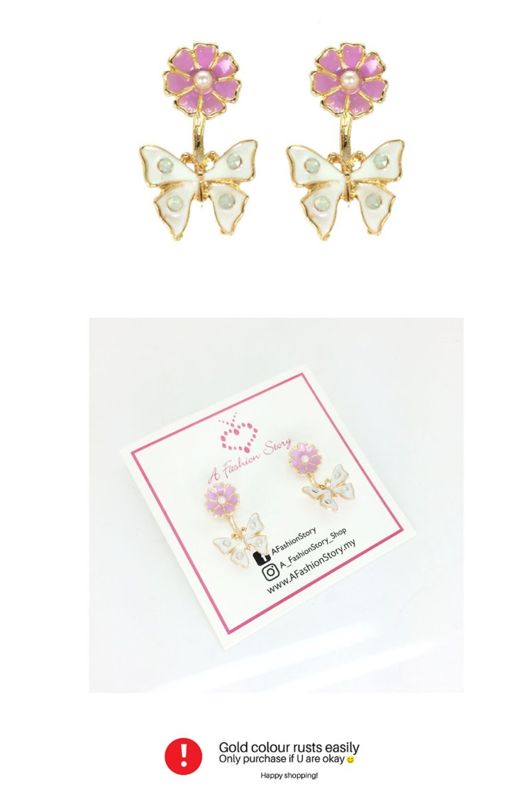 A-LG-ER0574(PINK) Pink Flower White Butterfly Korean Earstuds