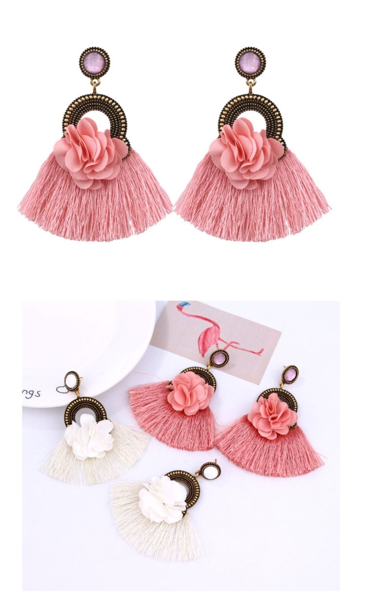 A-FF-E3182dusty Dusty Pink Tassel & Fabric Flowers Gem Earrings