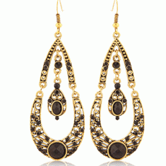 C11040655 Vintage oval black beads bohemian hook earrings