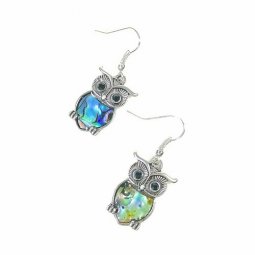 B-FFOM-E39- Silver Blue Green Diamond Owl Earrings