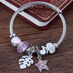 C11032678 Pink Starfish Leaf Beads Silver Adjust Charm Bracelet