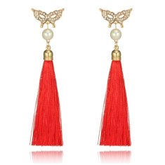 A-YG-5864red Red Tassels Bead Butterfly Mask Pearl Earstuds