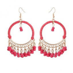 C090526159 Red Beads Dangling Circle Loop Gold Hook Earrings