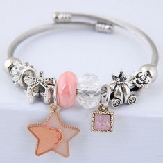 C0150706154 Pink Star Square Bead Diamonds Silver Charm Bracelet