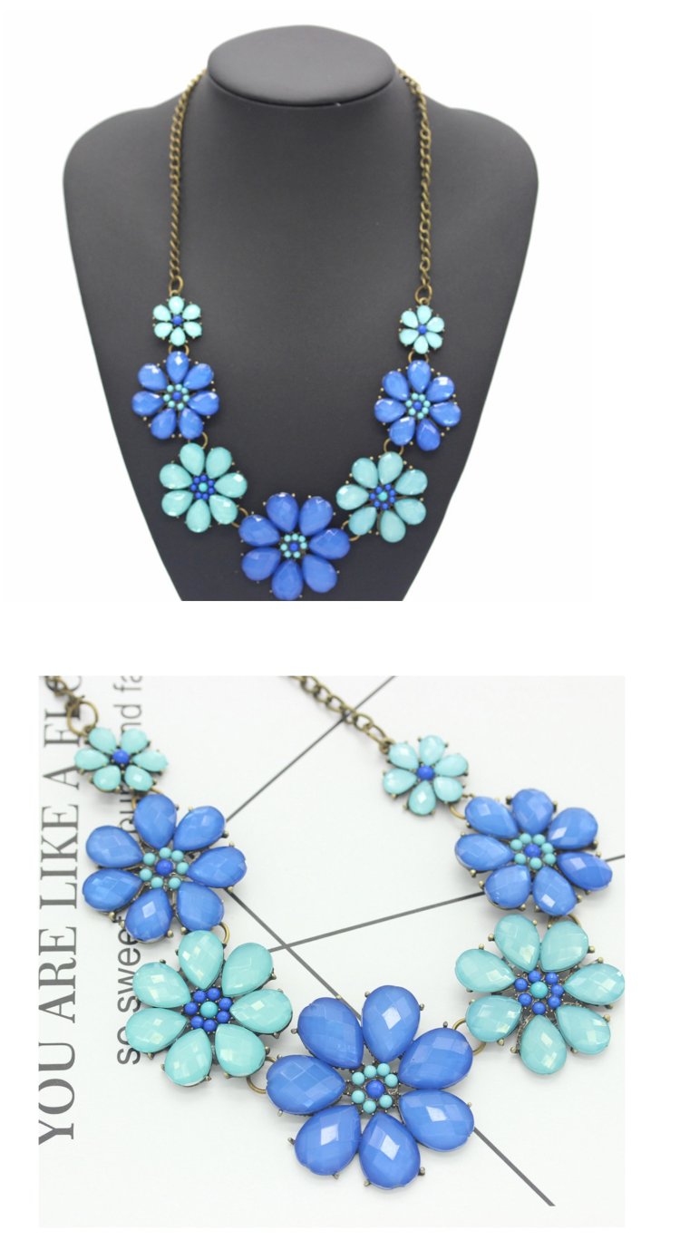 A-FF-HT-33blue Blue Green Flower Gemstones Beads Statement Neck