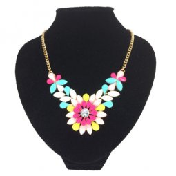 A-CJ-9117-c yellow neon pink flower beads gold statement necklac