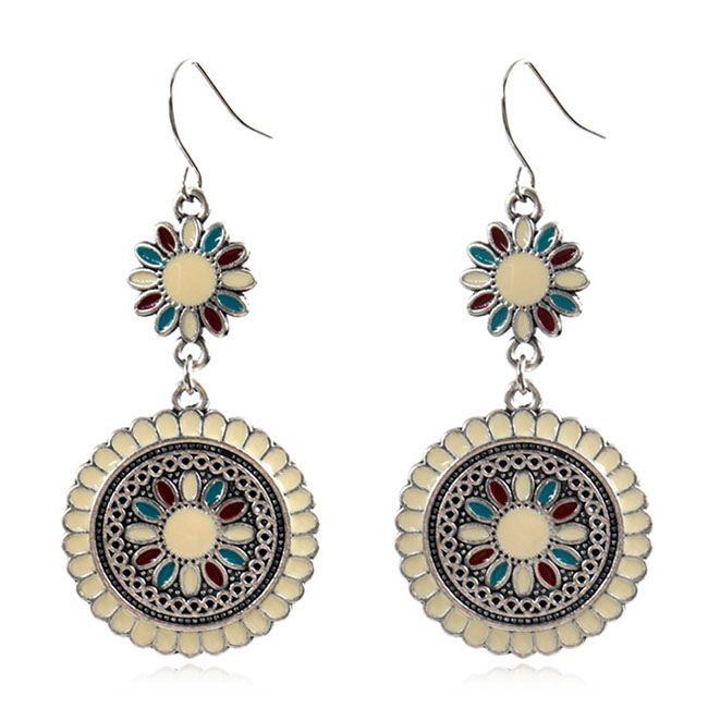 A-HH-HQEF1069(white) White Painted Sunflower Silver Hook Earring - Click Image to Close