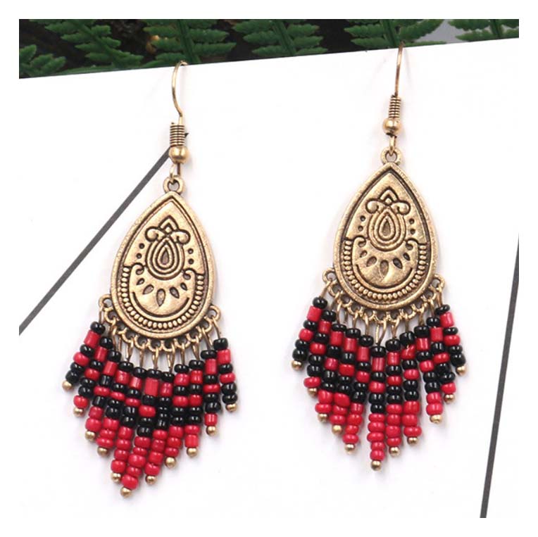 A-HH-HQEF1249 Classic Gold Red Black Dangling Beads Earrings
