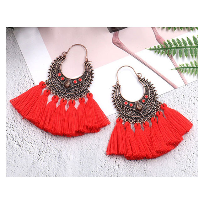 A-HH-HQEF1383(red) Red Tassel Artsy Copper Carving Earrings Fash - Click Image to Close