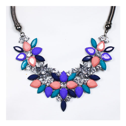C014030-243 Pink Purple Emerald Beads Summer Flower Necklace