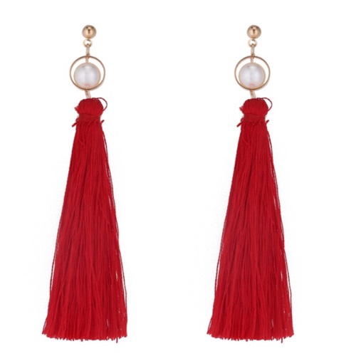 P133688 Red Dangling Tassel White Beads Earstuds Wholesale - Click Image to Close