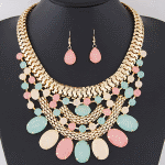 C090433183 Baby pink turquoise beads statement necklace set