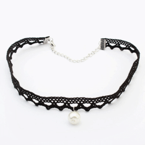 P119775 Pearl bead black lace tattoo choker necklace malaysia
